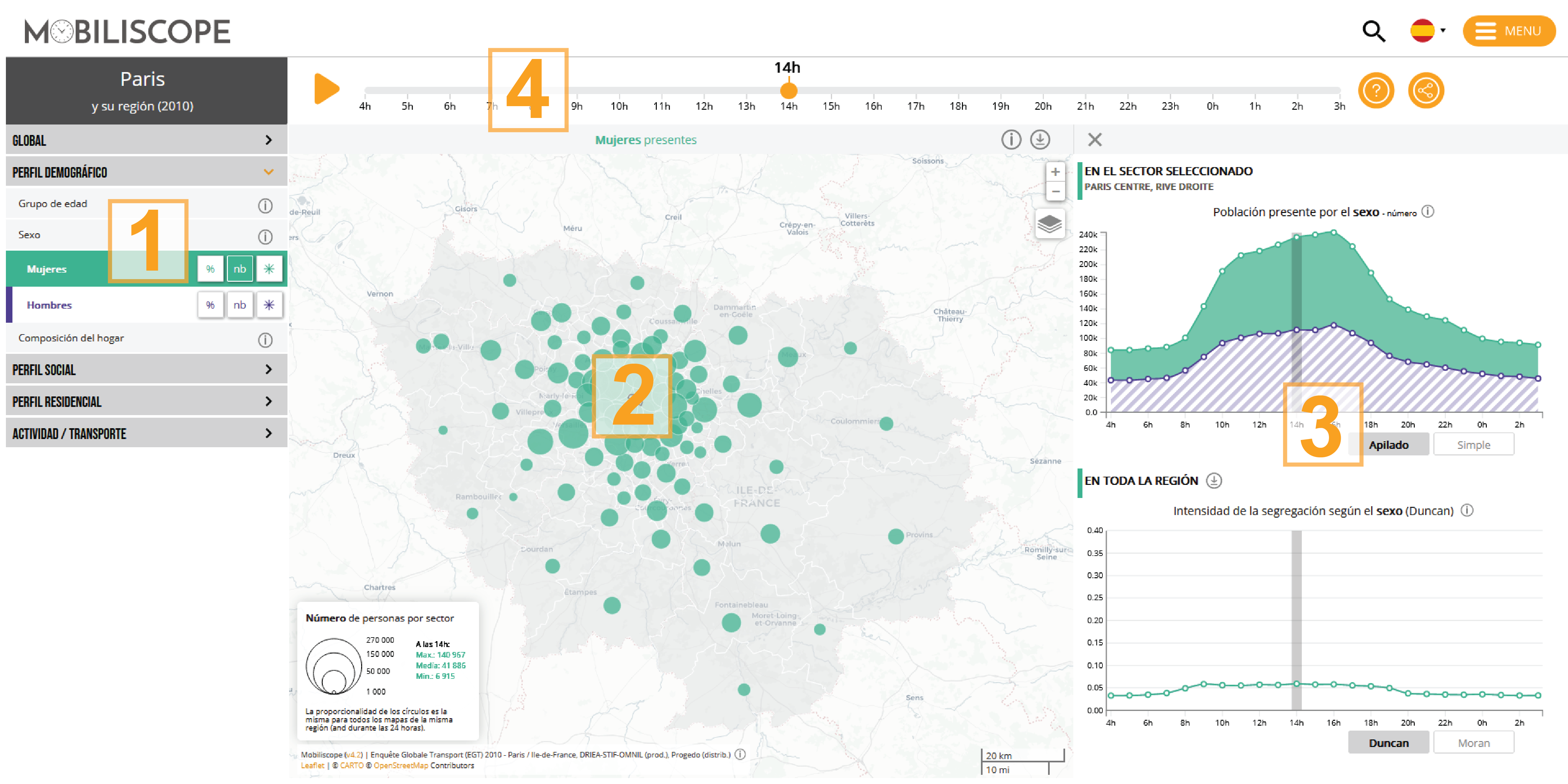 Captura de pantalla de la interfaz de París y su región